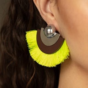 Lime green earrings with wood and silver setting